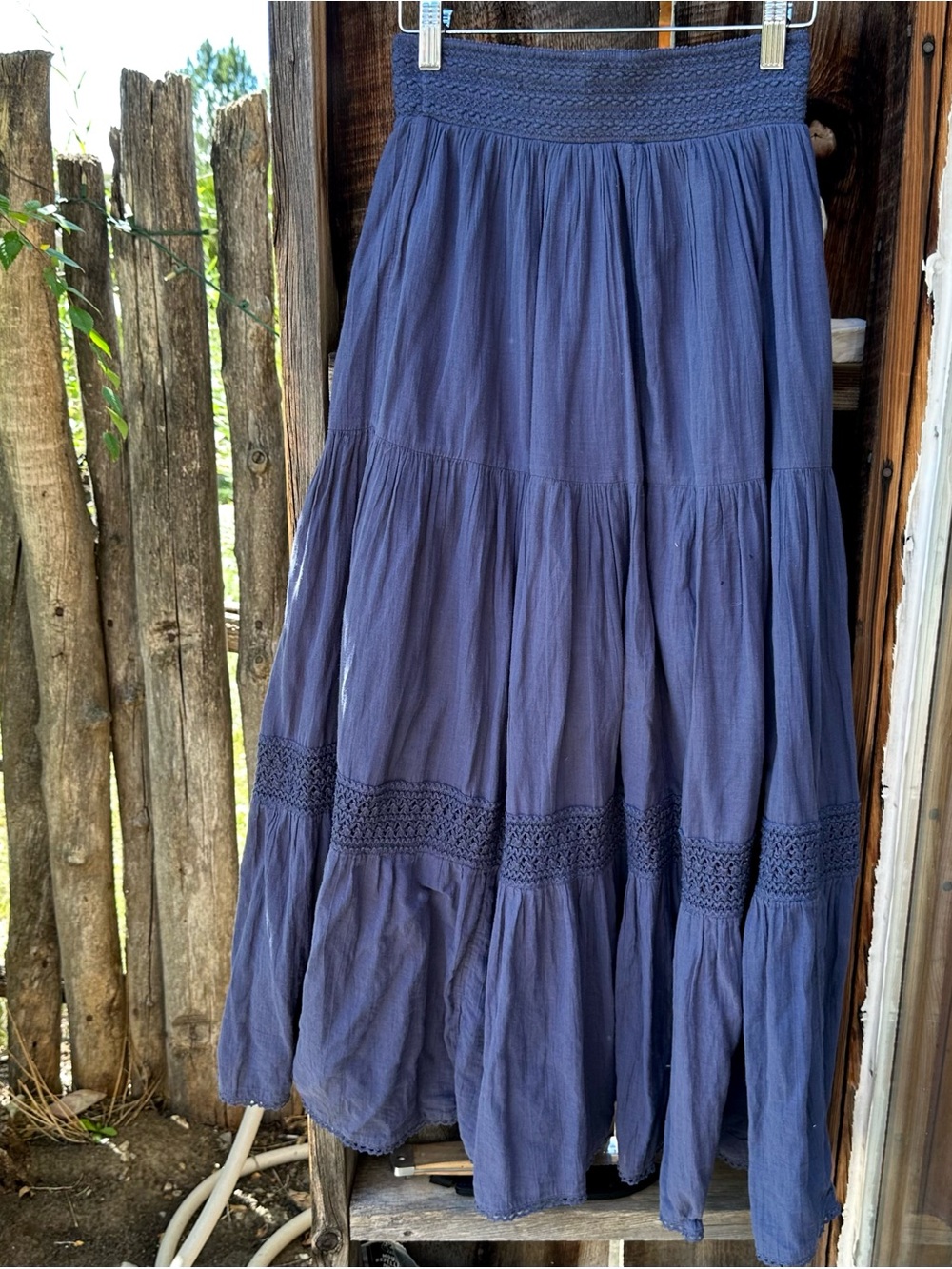 American Eagle Outfitters Navy Tiered Maxi Skirt with Crochet Trim